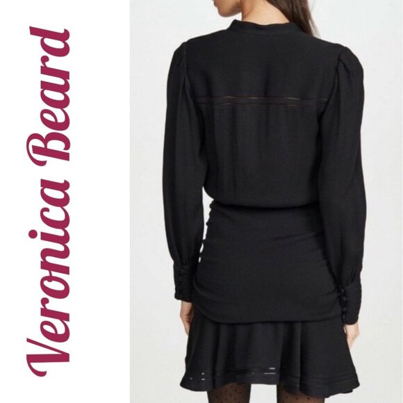 VERONICA BEARD SARASOTA DRESS LBD LONG SLEEVE RUCHED SKIRT MINI LACE TRIM SIZE 2 - Picture 3 of 15